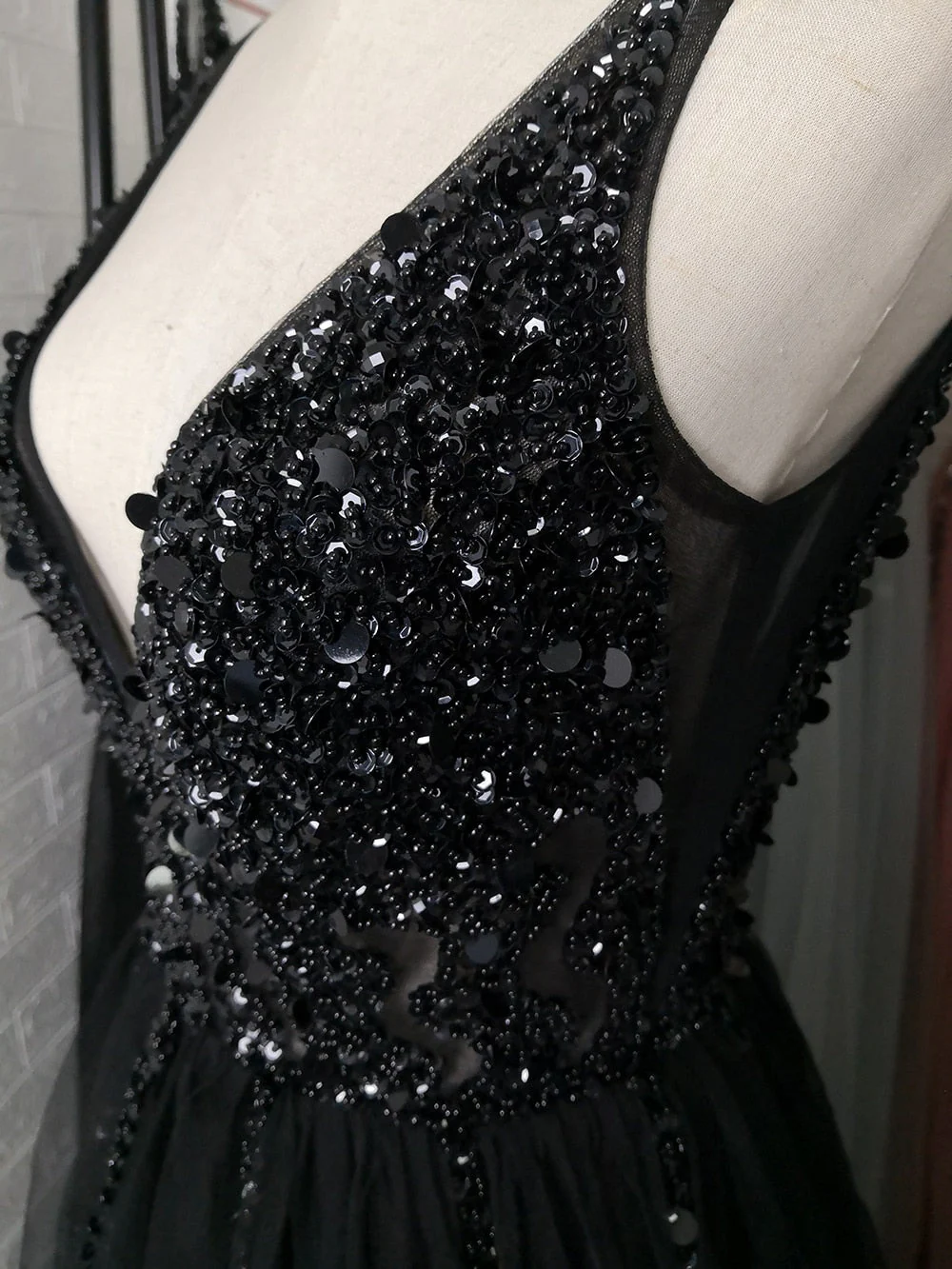 Sexy V-Neck Long Prom Dresses  Beaded Beading Crystal High Splits Backless A-Line Formal Gown Party Dress - Deanwangkt