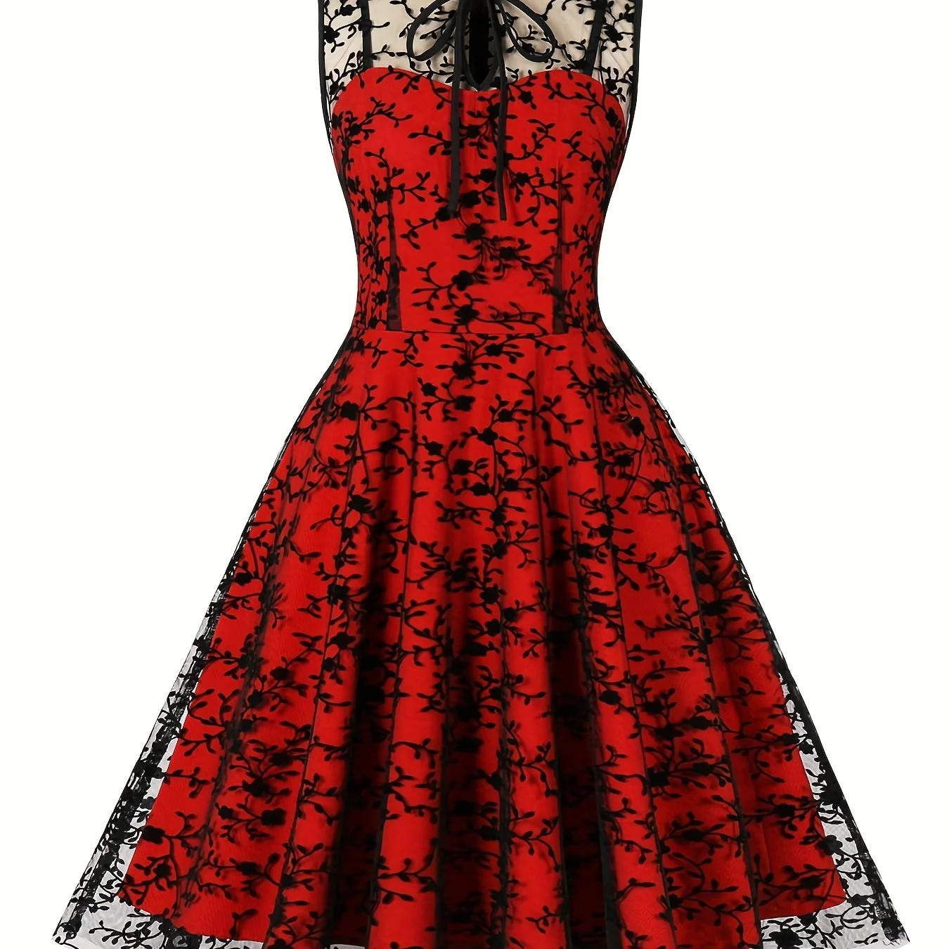 Gothic Contrast Mesh Sleeveless Dress, Elegant Bow Tie Pleated Dress, Women's Clothing - Deanwangkt