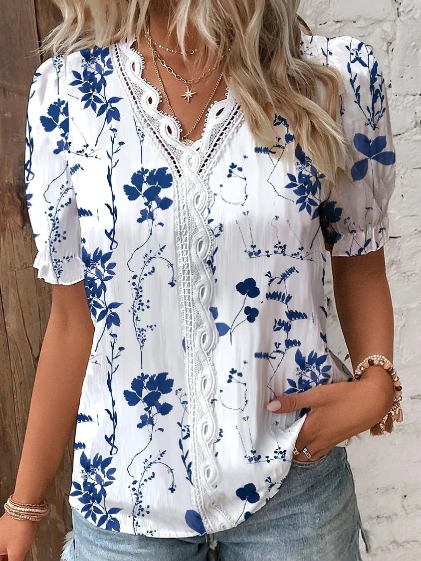 deanwangkt Casual V Neck Lace Hollow Out Shirt Blouse Office Lady Summer Elegant Floral Print Short Sleeve Shirts For Women White Tops - Deanwangkt