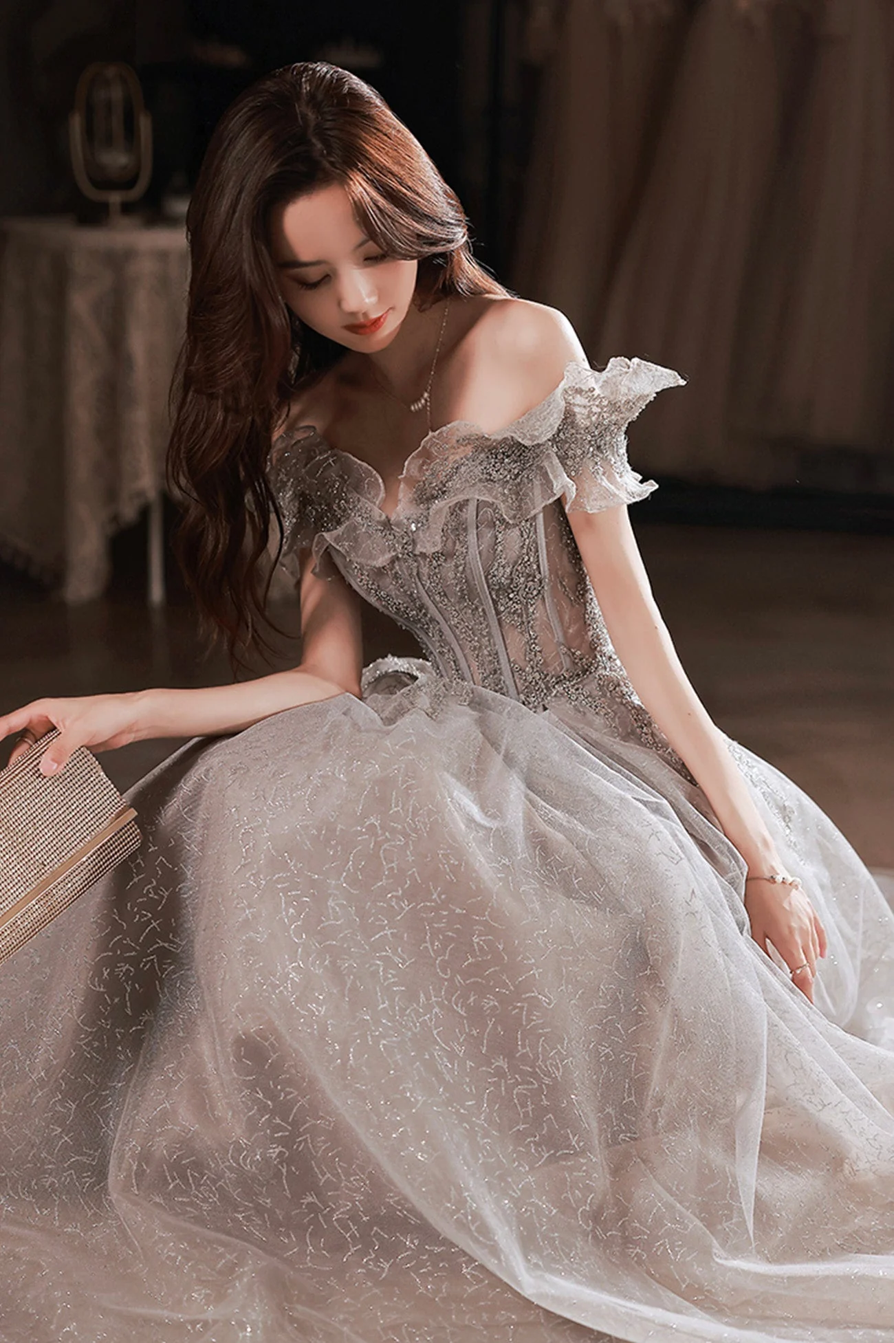 solvbao Gray Tulle Sequins Long Prom Dresses, A-Line Off the Shoulder Evening Dresses - Deanwangkt