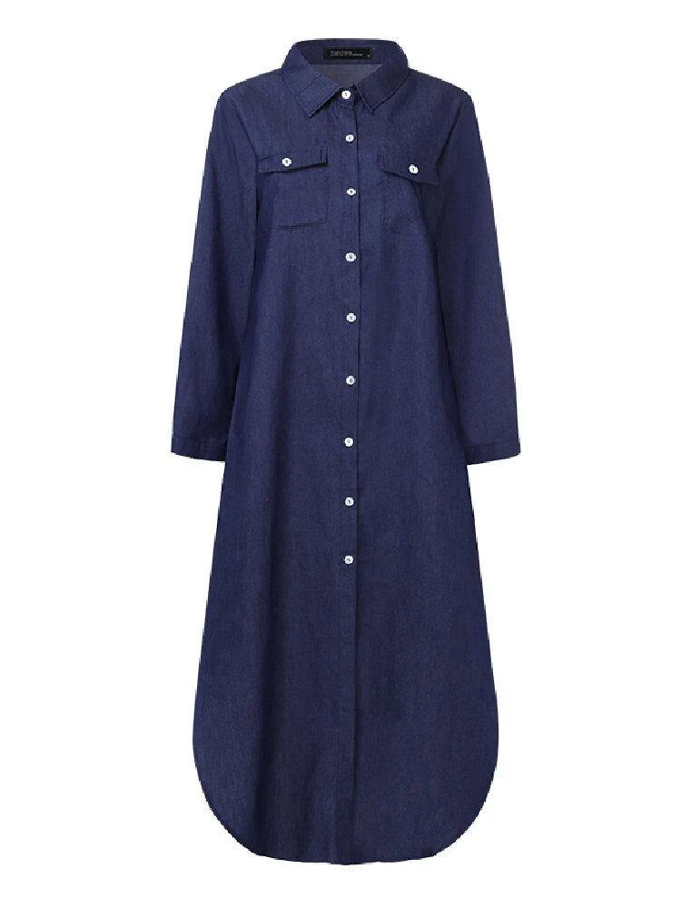 deanwangkt Casual Loose Button Front Irregular Split Hem Denim Maxi Shirt Dress with Front Pockets - Deanwangkt