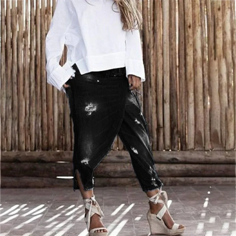 deanwangkt New Fashion Capri pantsRipped Boyfriend Jeans for Women Fashion Low Waist Fake Two Layers Jeans Plus Size 5XL Pantalones - Deanwangkt