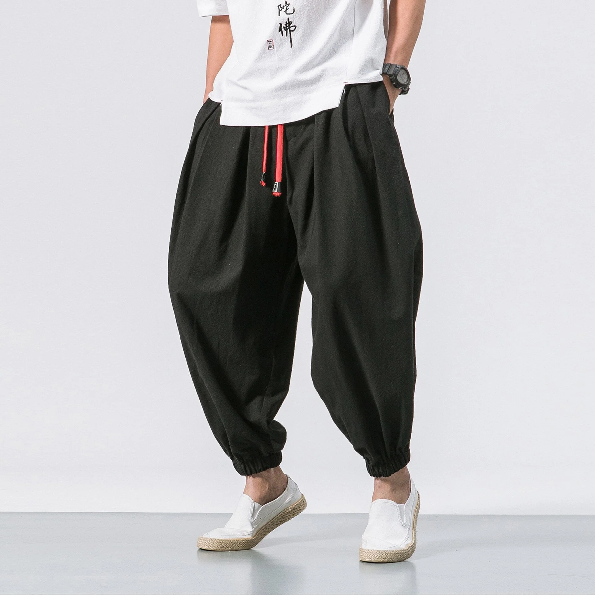 DEANWANGKT Mens Vintage Hip Hop Style Baggy Jeans New Chinese Style Harem Pants Men Streetwear Casual Joggers Mens Pants Cotton Linen Sweatpants Ankle-Length Men Trousers M-5XL - Deanwangkt