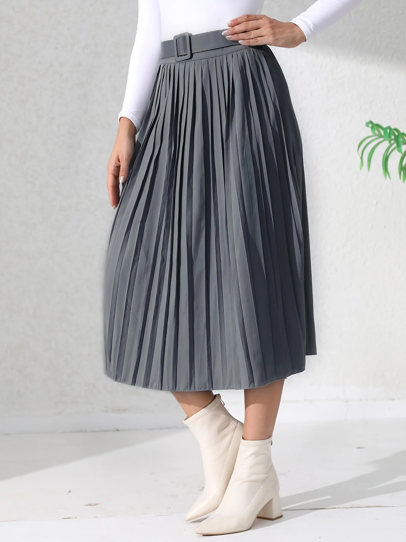 Solid Pleated Skirt, Casual Midi Skirt For Spring & Summer, Women's Clothing - Deanwangkt