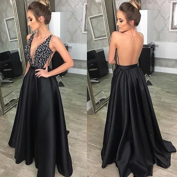 DEANWANGKT Deep V-Neck Sequined Evening Robe Dress Fashion Elegant Backless Black Long Sweep Train For Women Cocktail Prom Dress - Deanwangkt