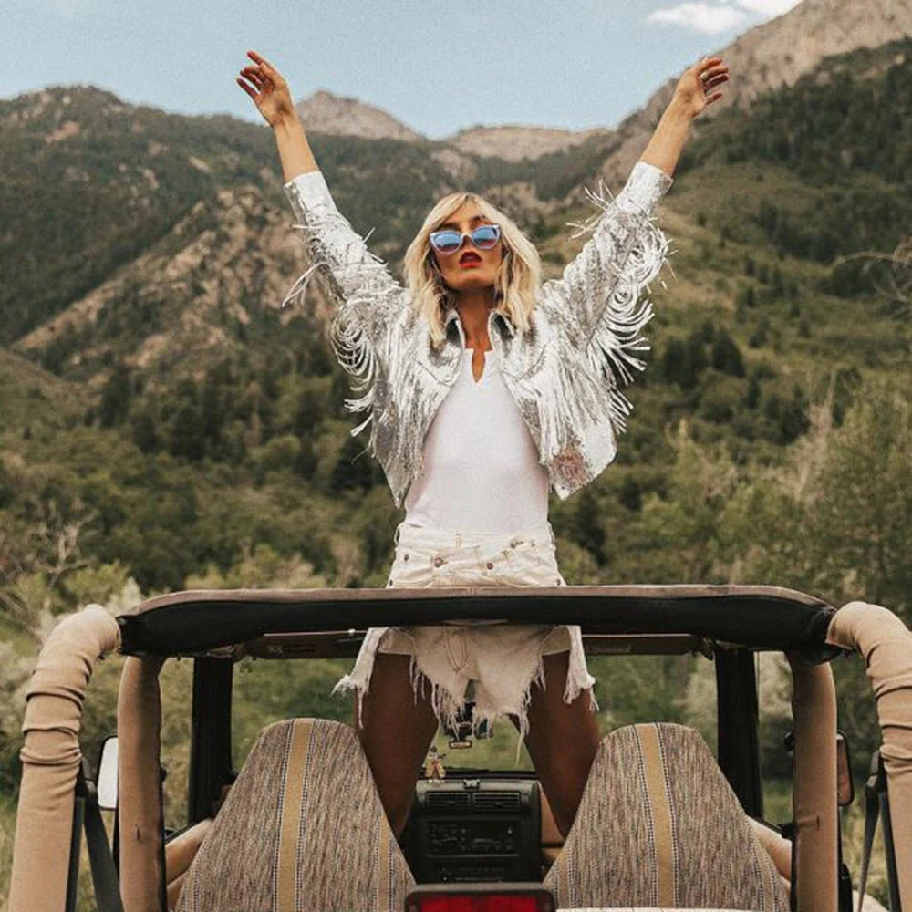 deanwangkt Performance Silver Tassel Sequin Jacket Retro Long-sleeved Silver Reflective Jacket Women Outwear Tops Sequin Coat Women's - Deanwangkt