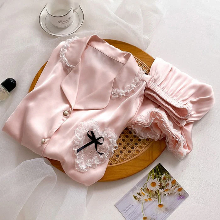 New 2 Piece Women Set Summer Short Sleeve Pajamas for Woman Fashion Silk Sleepwear Pink Lace Pocket Sexy Satin Pajama Homewear - Deanwangkt