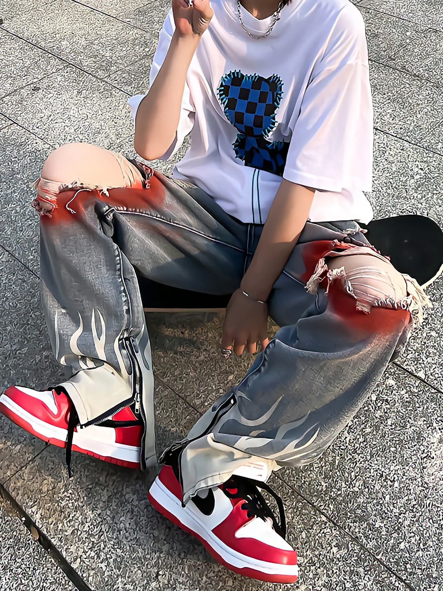 deanwangkt Retro Streetwearflame Print Jeans Y2k Blue Fashion Ripped Wide Leg Pants Hip Hop Gothic Harajuku High Waist Women Trousers - Deanwangkt