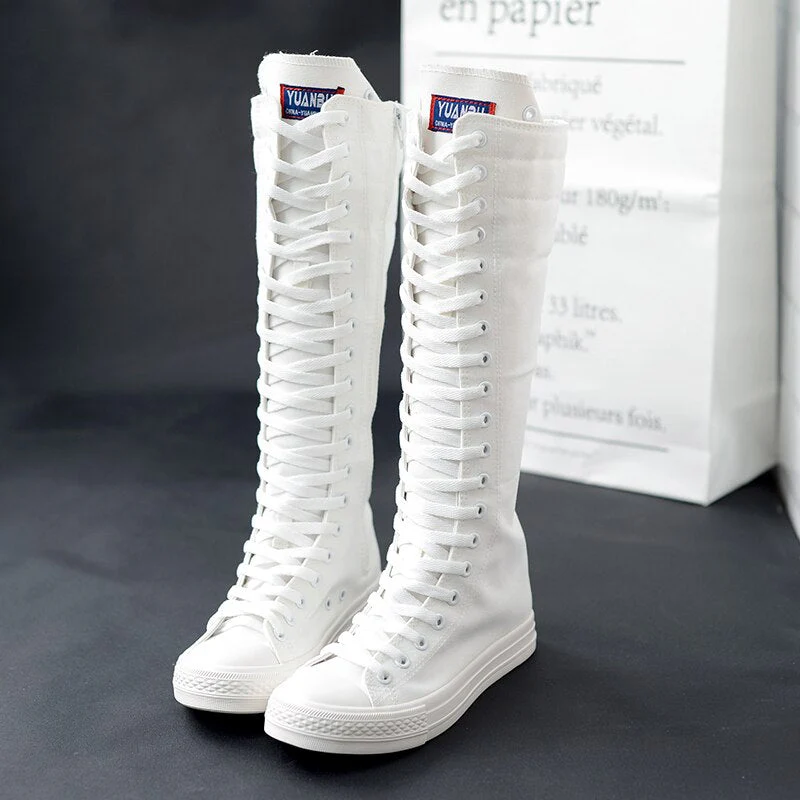 DEANWANGKT  Spring Autumn Women Shoes Canvas Casual High Top Shoes Long Boots Lace-Up Zipper Comfortable Flat Boots Sneakers Size 34-43 - Deanwangkt