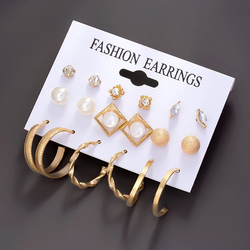 DEANWANGKT Boho Women's Earrings Vintage Punk Gold Color Metal Acrylic Big Circle Pearls Hoop Earring Set for Woman Girl Trend Jewelry - Deanwangkt