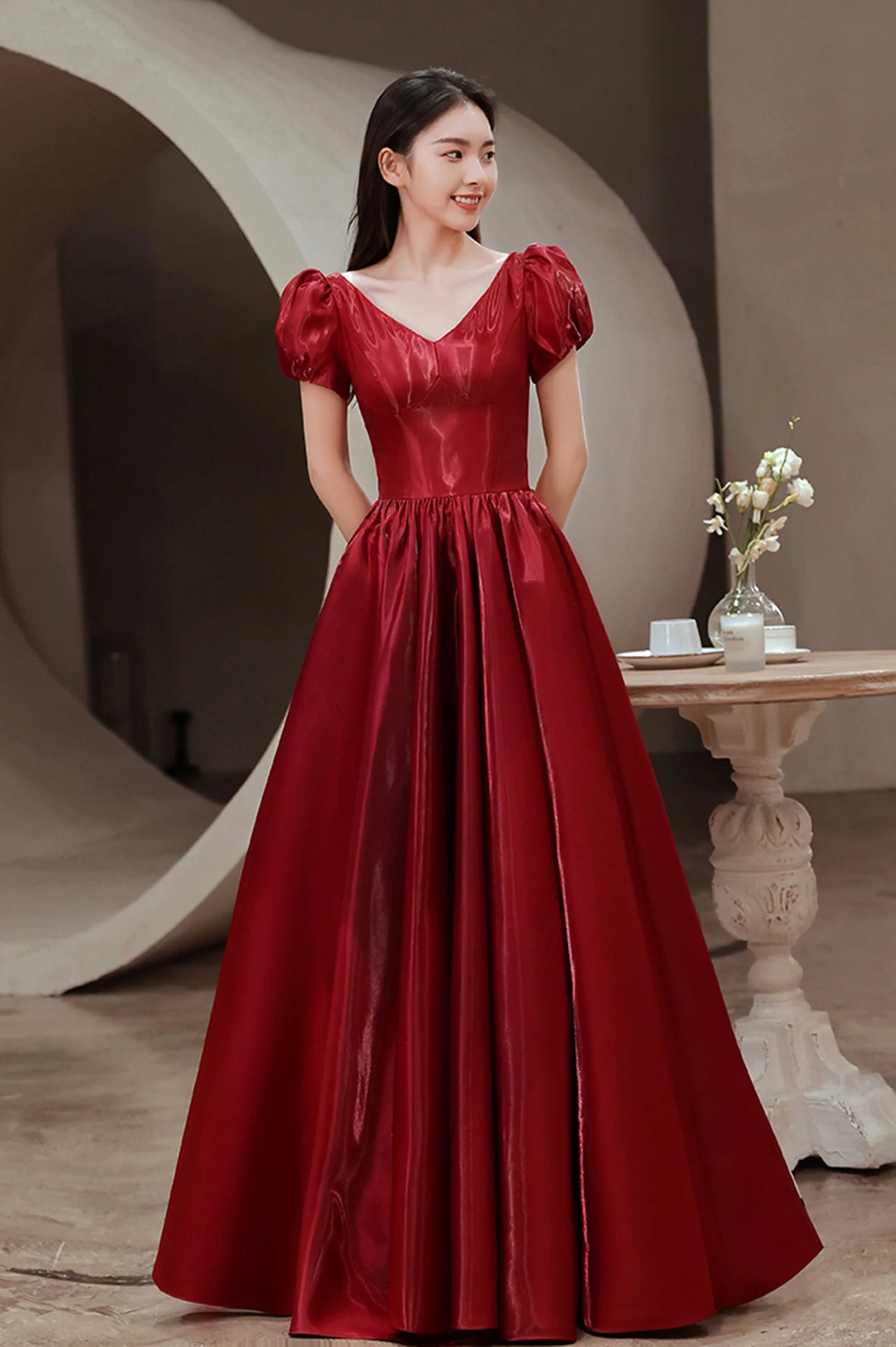solvbao Red V-Neck Satin Long Prom Dress, A-Line Evening Dress - Deanwangkt