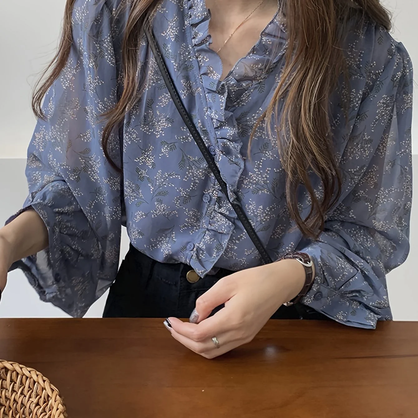 deanwangkt  Allover Print Ruffle Trim Blouse, Elegant Long Sleeve Blouse For Spring & Fall, Women's Clothing - Deanwangkt