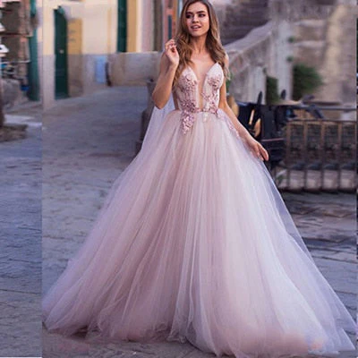 deanwangkt Boho Wedding Dress 3D Flowers Light Purple Beach Bride Dresses Backless Puff Tulle Wedding Gowns Long Train Floor Length - Deanwangkt