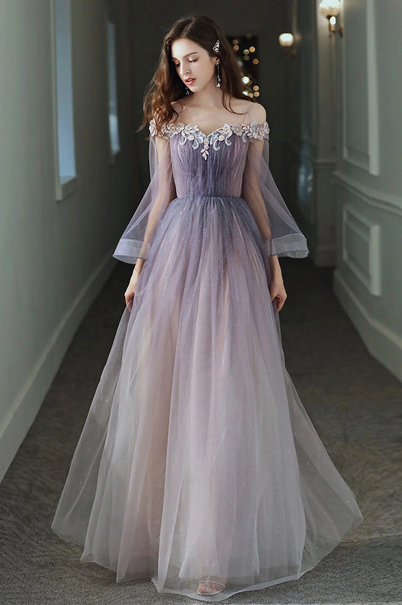 solvbao Purple Tulle Lace Long Prom Dress, Ombre Tulle Evening Dress - Deanwangkt
