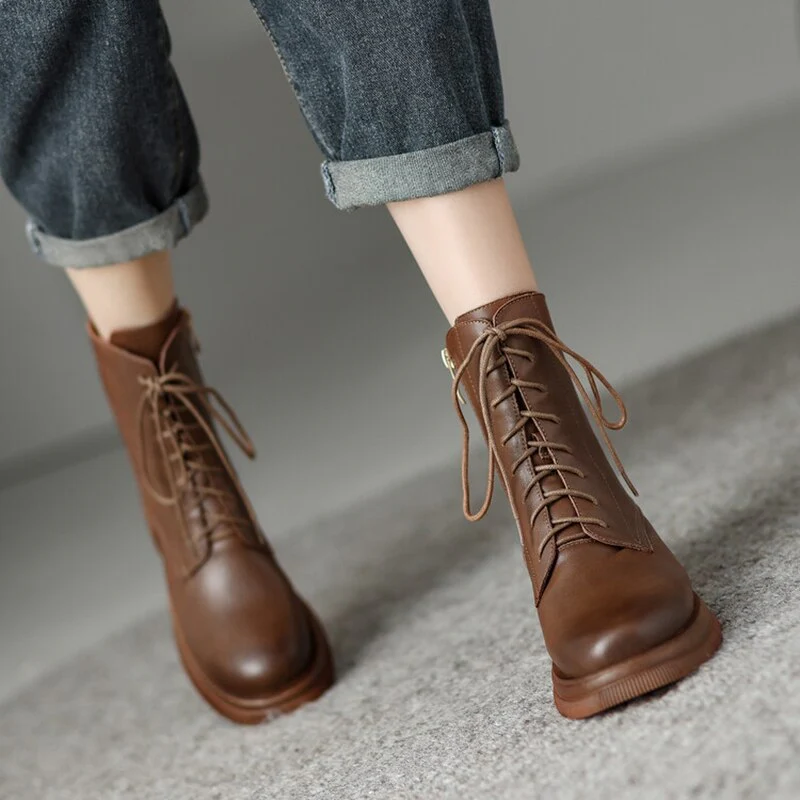 deanwangkt  fashion inspo    Fall/Winter Shoes Women Split Leather Ankle Boots Women Round Toe Chunky Boots for Women Casual Zipper Black Women Boots - Deanwangkt