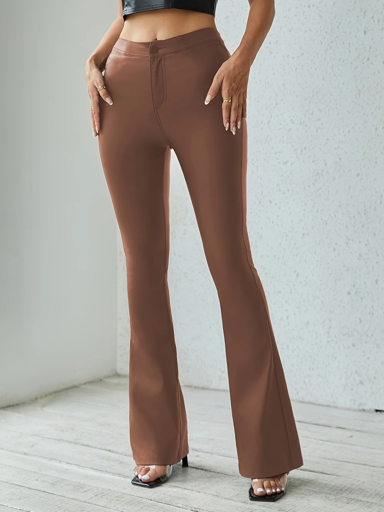 deanwangkt Faux Leather Flare Leg Pants, Casual Slim Long Length Pants, Women's Clothing - Deanwangkt