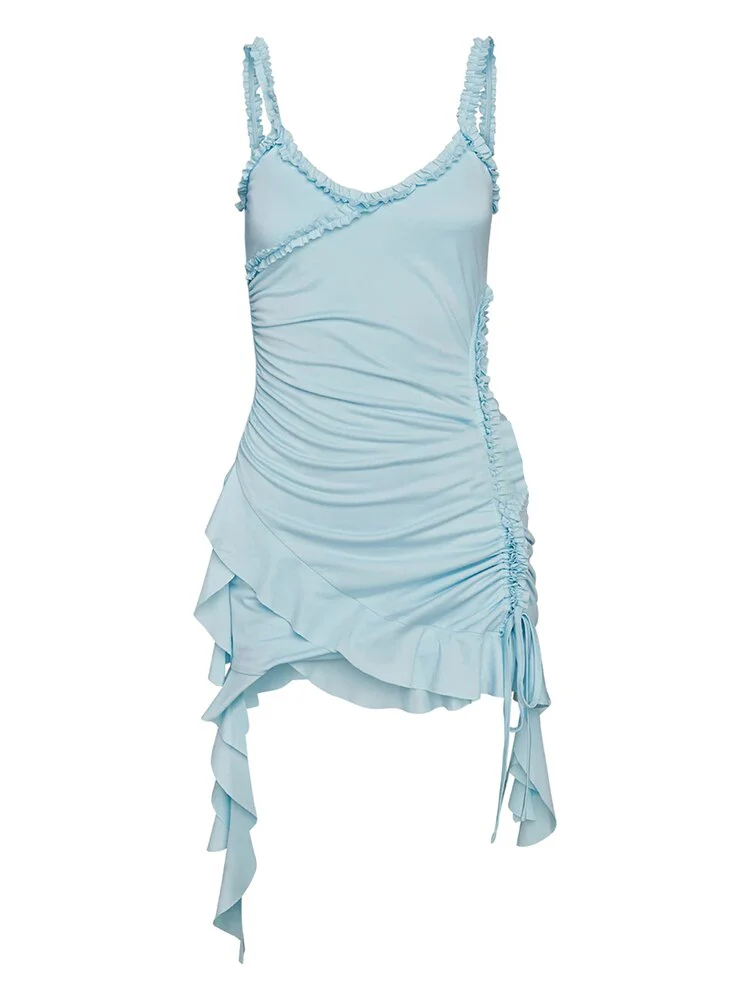 Joskka Backless Ruffles Drawstring Women Dress Blue Spaghetti Strap Ruched Dress Female Summer Skinny Elegant Party Club - Deanwangkt