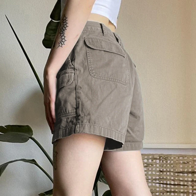 deanwangkt Y2K Summer Women Vintage Streetwear Korean Knee Length Wide Leg Baggy Cargo Pockets Low Waist Sporty Grunge Shorts Pants Women - Deanwangkt