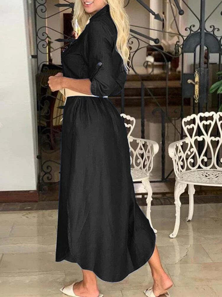 deanwangkt Casual Lapel Button Three Quarter Sleeve Solid Denim Maxi Dress - Deanwangkt