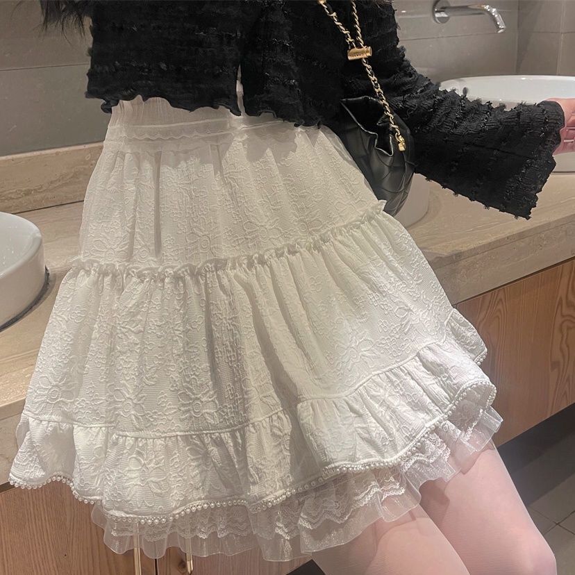 White Lace Mini Skirt for Women Girl Kawaii Short Skirt for Summer Fairycore Clothes Korean Fashion Lolita Clothing Fairy Core - Deanwangkt
