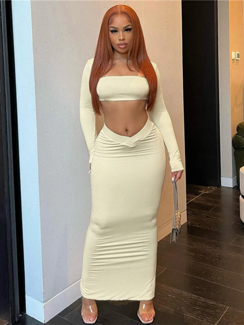 BACK TO COLLEGE    Fashion Women's 2 Piece Set Square Collar Long Sleeve Cropped T-shirt Low Waist Skirts Night Club Outfit Party Dress Suit Black - Deanwangkt