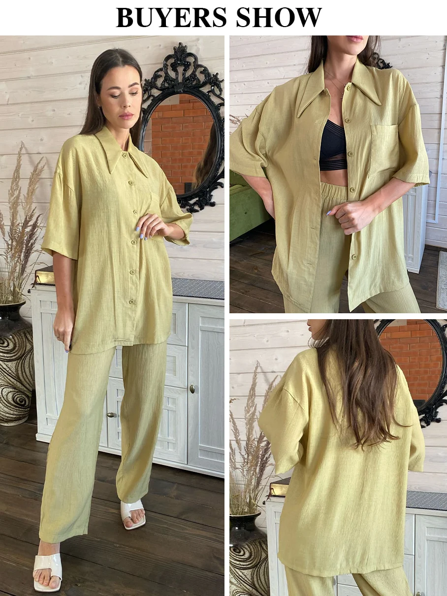 deanwangkt Causal Loose Trouser Suits Autumn Short Sleeve Blouse With High Wasit Pants Set Women Elegant Brown 2 Piece Pants Sets - Deanwangkt