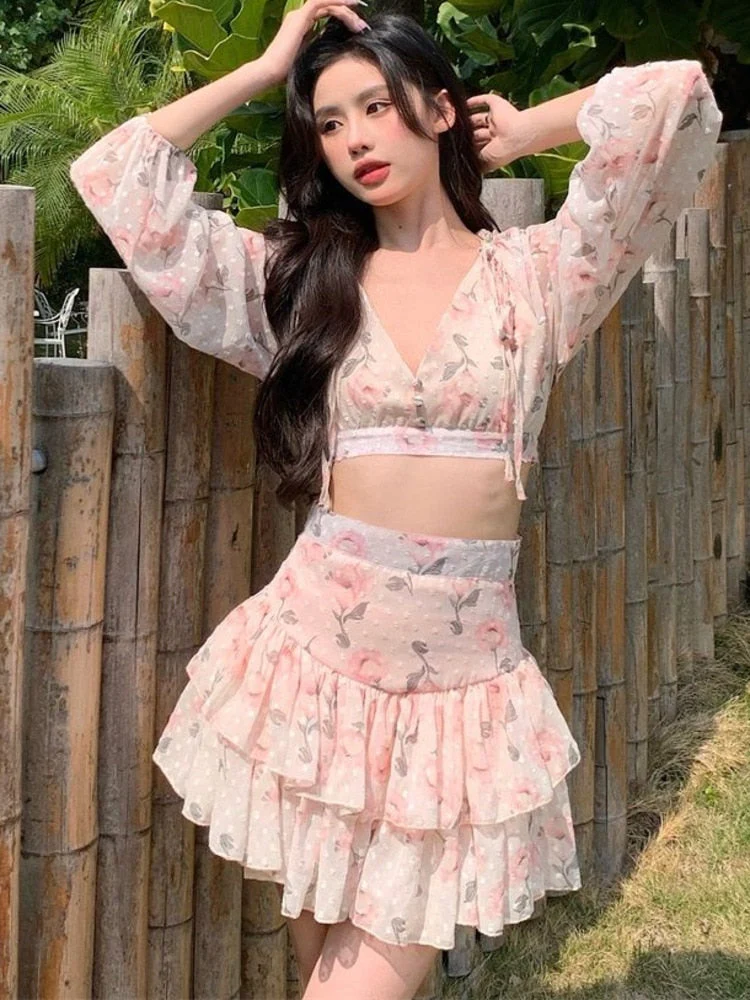 deanwangkt Spring Summer Sweet Two Piece Set Sexy Backless Shirt Crop Top + Cake Skirt Suits Floral Chiffon Boho Beach Outfits  Fairy Dress  For Women - Deanwangkt