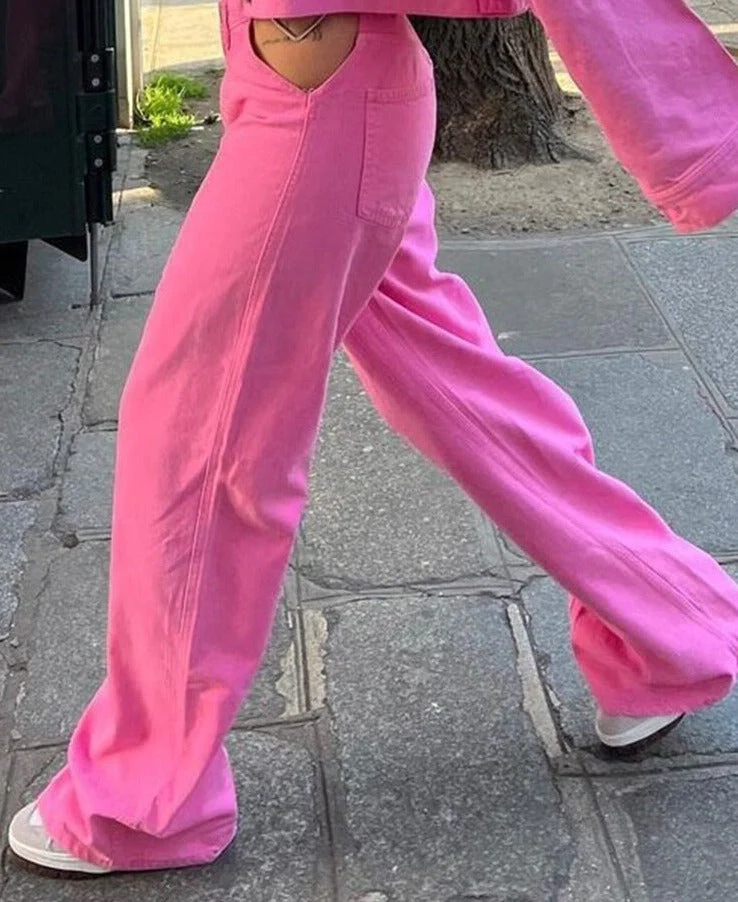 deanwangkt Women's Baggy Pink Jeans Female Hollow Waist With Heart Shape Pants Fashion Wide Leg Pockets Straight Denim Cool Trousers - Deanwangkt