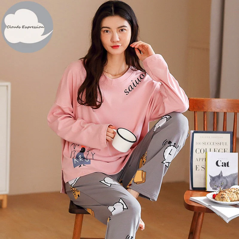Spring Autumn Women's Sleep Lounge Pajama Long Sleeved Woman Pajama Set Cartoon Pyjamas Cotton Sleepwear M L XL XXL XXXL Fashion - Deanwangkt