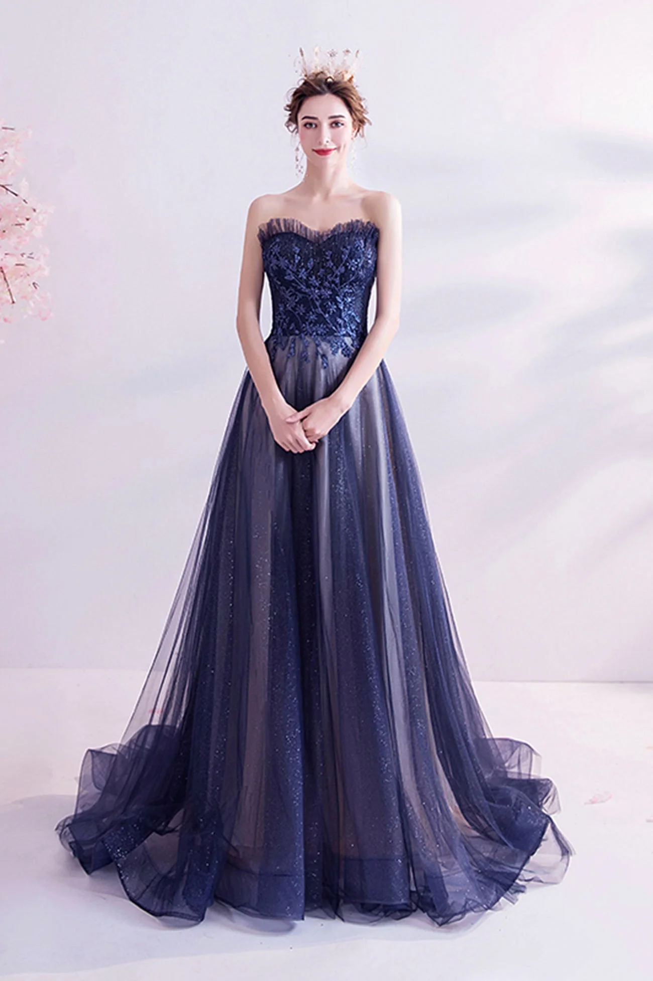 solvbao Blue Strapless Tulle Long Prom Dresses, A-Line Evening Dresses - Deanwangkt