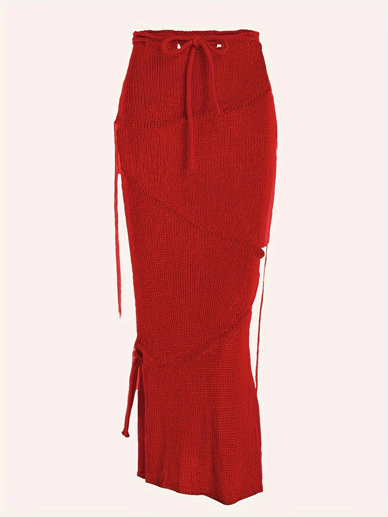 deanwangkt  Solid Knitted Drawstring Waist Side Shirring Skirt, Casual Asymmetrical Ankle Skirt . Women's Clothing - Deanwangkt