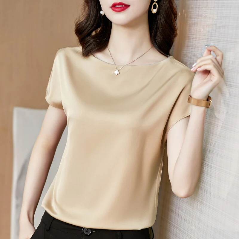 Graduation Gifts  Office Lady Tops Summer Short Sleeve Blouses Satin Blouse Women Shirts Fashion Simple Solid Plus Size Loose Shirt Blusas - Deanwangkt