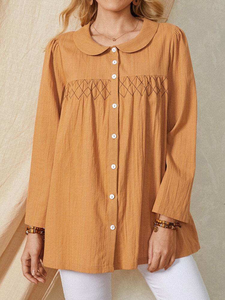 deanwangkt Casual Plain Lapel Collar Long Sleeve Cotton Solid Color Pleated Shirts For Women - Deanwangkt