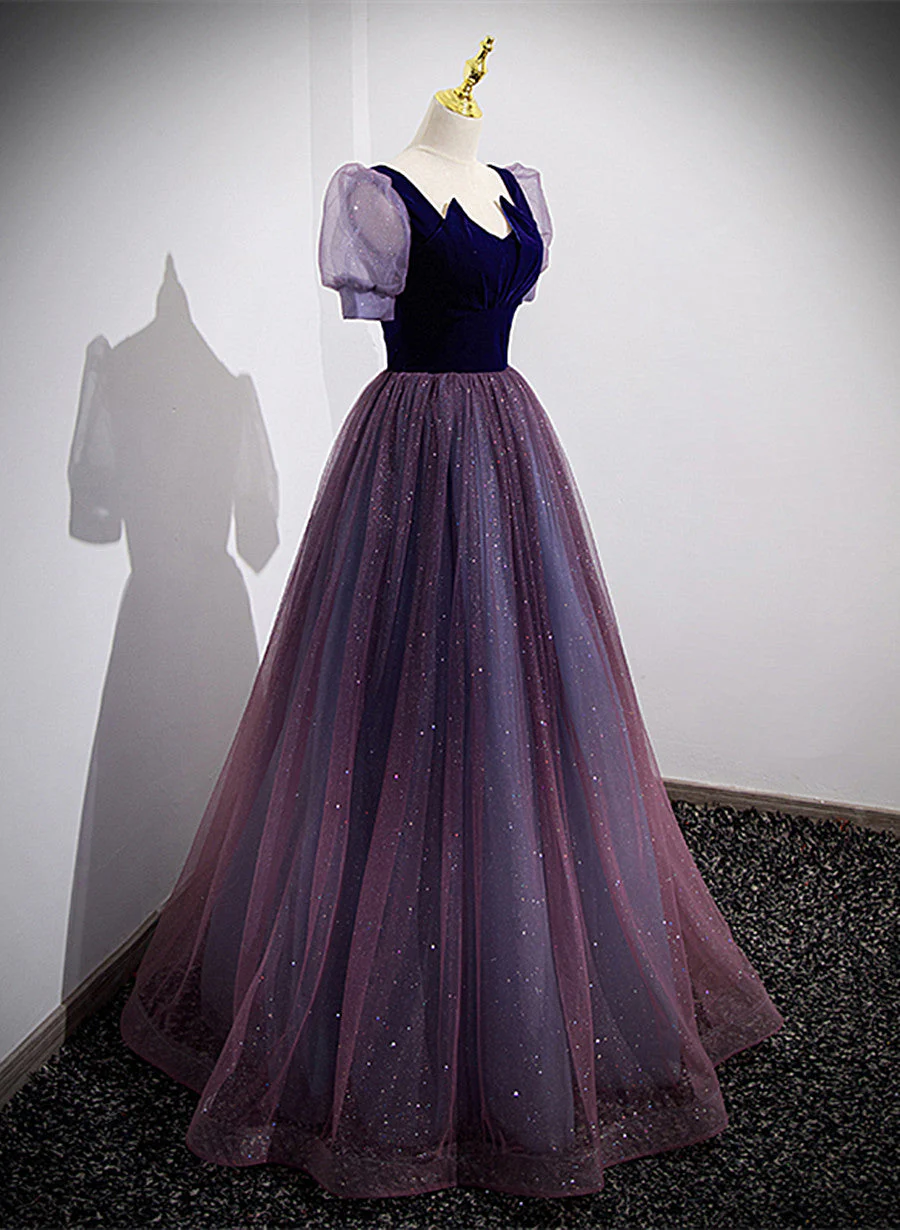 Solvbao Purple Velvet and Tulle Short Sleeves Evening Dress, Purple A-line Formal Dress Prom Dress - Deanwangkt