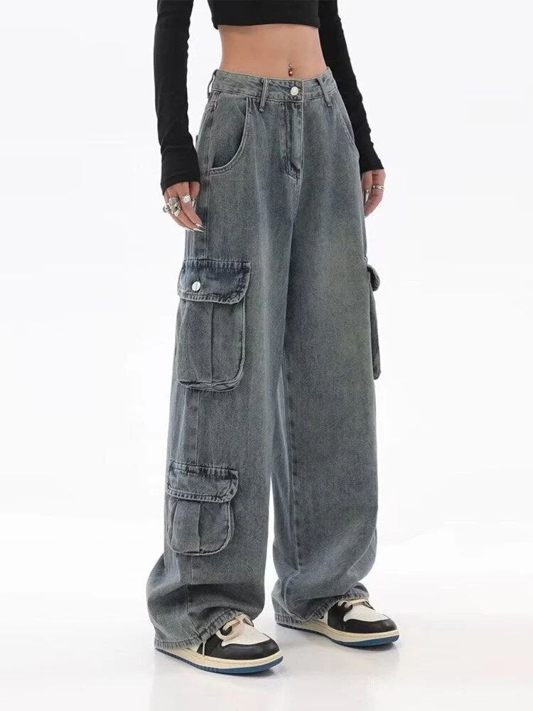 deanwangkt Vintage And Worn Wide Leg Jeans Women's Summer American High Street Design Straight Tube Overalls Pants Trendy Ins Women's Jeans - Deanwangkt