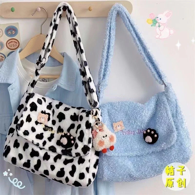 deanwangkt Soft Plush Crossbody Bags For Women Kawaii Japanese Faux Fur Messenger Bag Colorful Shoulder Bag Women Winter School Girls Bags - Deanwangkt