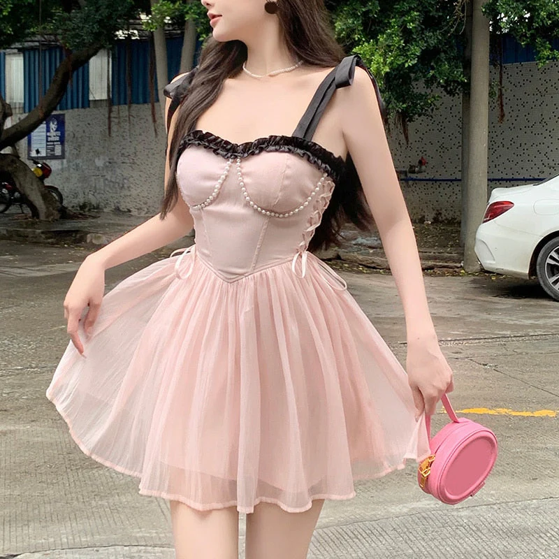 deanwangkt New Summer Dress French Style Princess Straps Dress High Waist Thin Pink Sweet Short Fairy Dress Female Sundress Bestidos - Deanwangkt