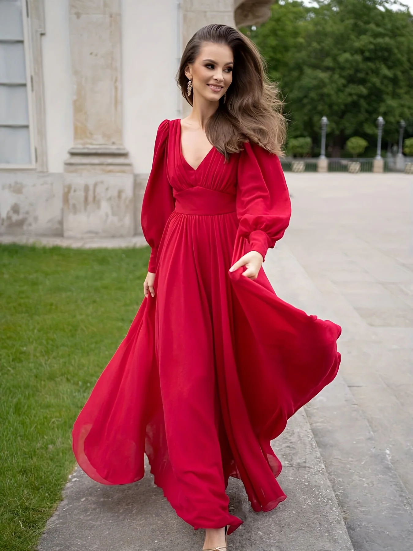 Ruched Plunging Solid Dress, Party Wear Long Sleeve Maxi Dress, Women's Clothing - Deanwangkt