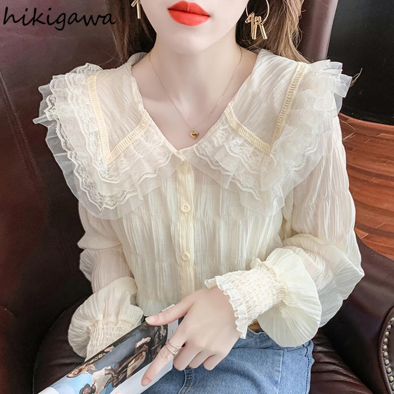deanwangkt Blouse for Women Sweet Peter Pan Collar Long Sleeve White Shirts Lace Ruffles Chiffon Tops  Blusas Mujer De Moda - Deanwangkt