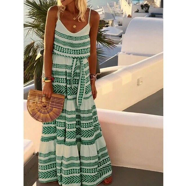 Women Summer Boho Long Maxi Dress Lady Holiday Beachwear Swing Sundress Strappy Loose Dresses - Deanwangkt