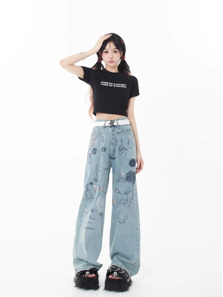 deanwangkt Spring and Autumn Season New Small Market Design Sense Print Graffiti Straight Barrel Personalized Jeans Women's Jeans - Deanwangkt
