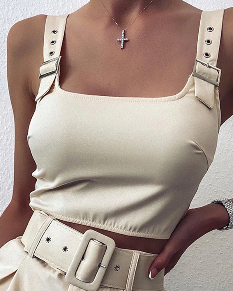 deanwangkt Women Fashion Summer Two Piece Set Sleeveless Eyelet Buckled Sling Crop Tank Top and Shorts Set Y2K 2Pcs Set Streetwear - Deanwangkt