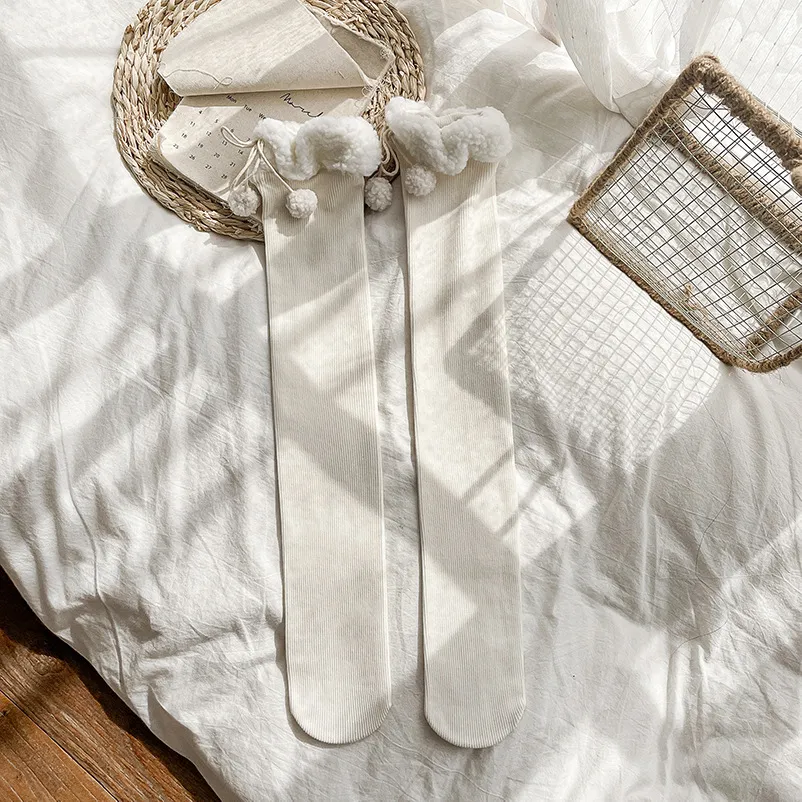 deanwangkt Japanese Vertical Stripe Plush Stockings Autumn Winter Cute Tights Kawaii Lamb Fur Wool Ball Calf Socks Lolita Knee High Socks - Deanwangkt