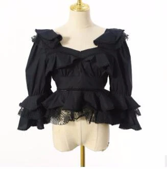 deanwangkt Ruffle Lace Blouse Women White Shirt  Autumn Sexy Ladies Square Neck Tops Puff Sleeve Korean Fashion Clothing - Deanwangkt