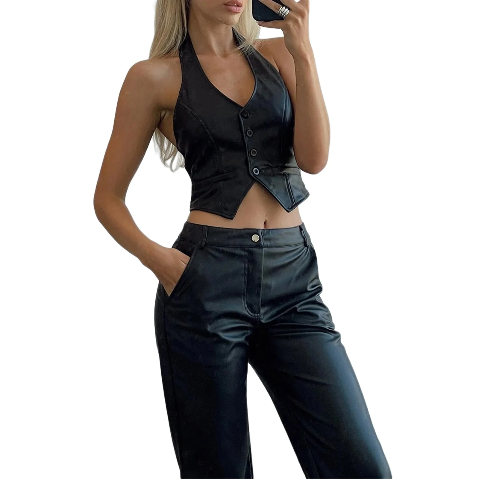 deanwangkt Women ButtonsTop Female Spaghetti Strap T-shirt Sexy Satin PU Crop Tops Cropped With Chest Padded Camisole Camis Female Camisole - Deanwangkt