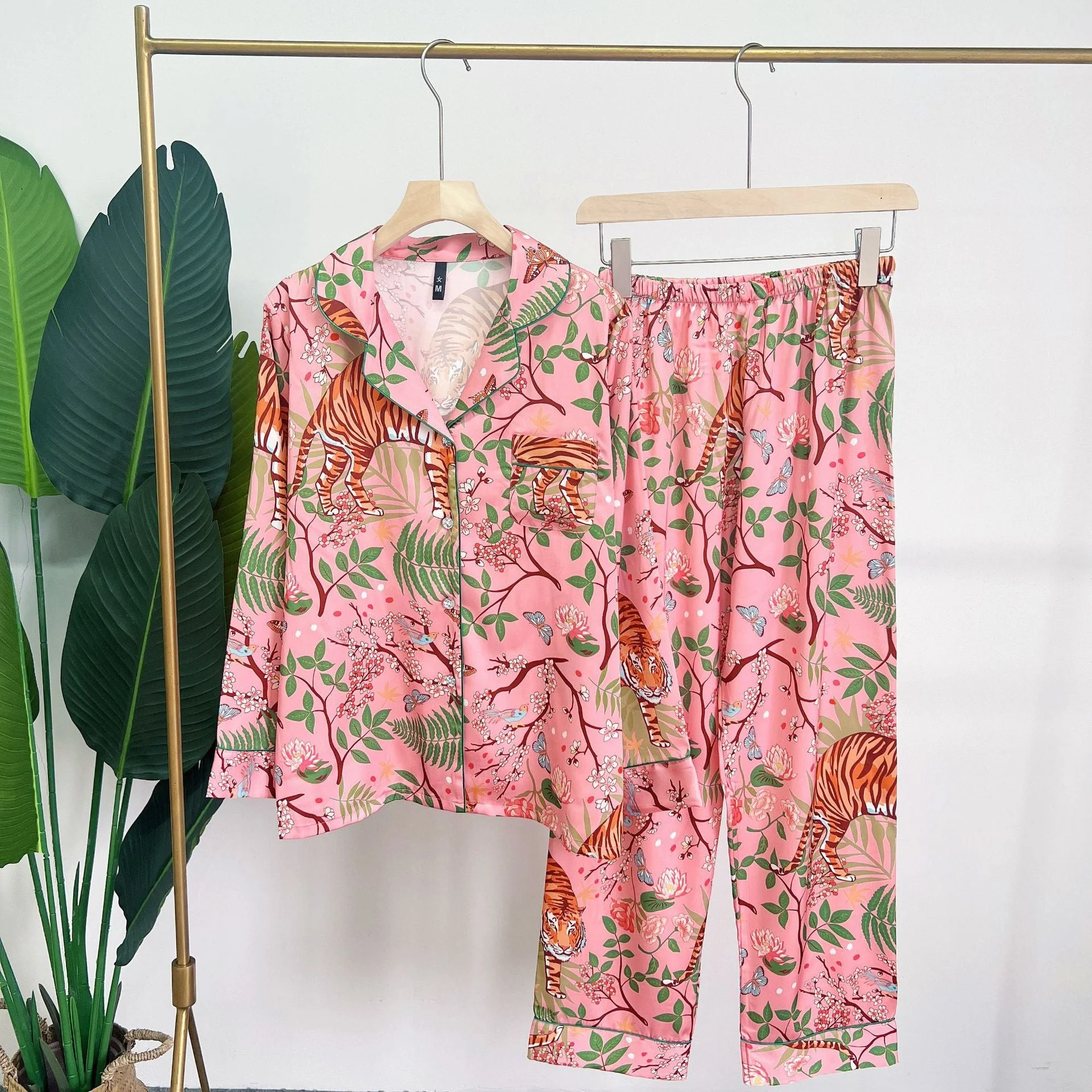 deanwangkt Pink Satin Sleepwear for Women Pajamas Jungle Tiger Print 2Pcs Long Shirt Pants Pyjamas Casual Nightwear Spring New Pajamas - Deanwangkt