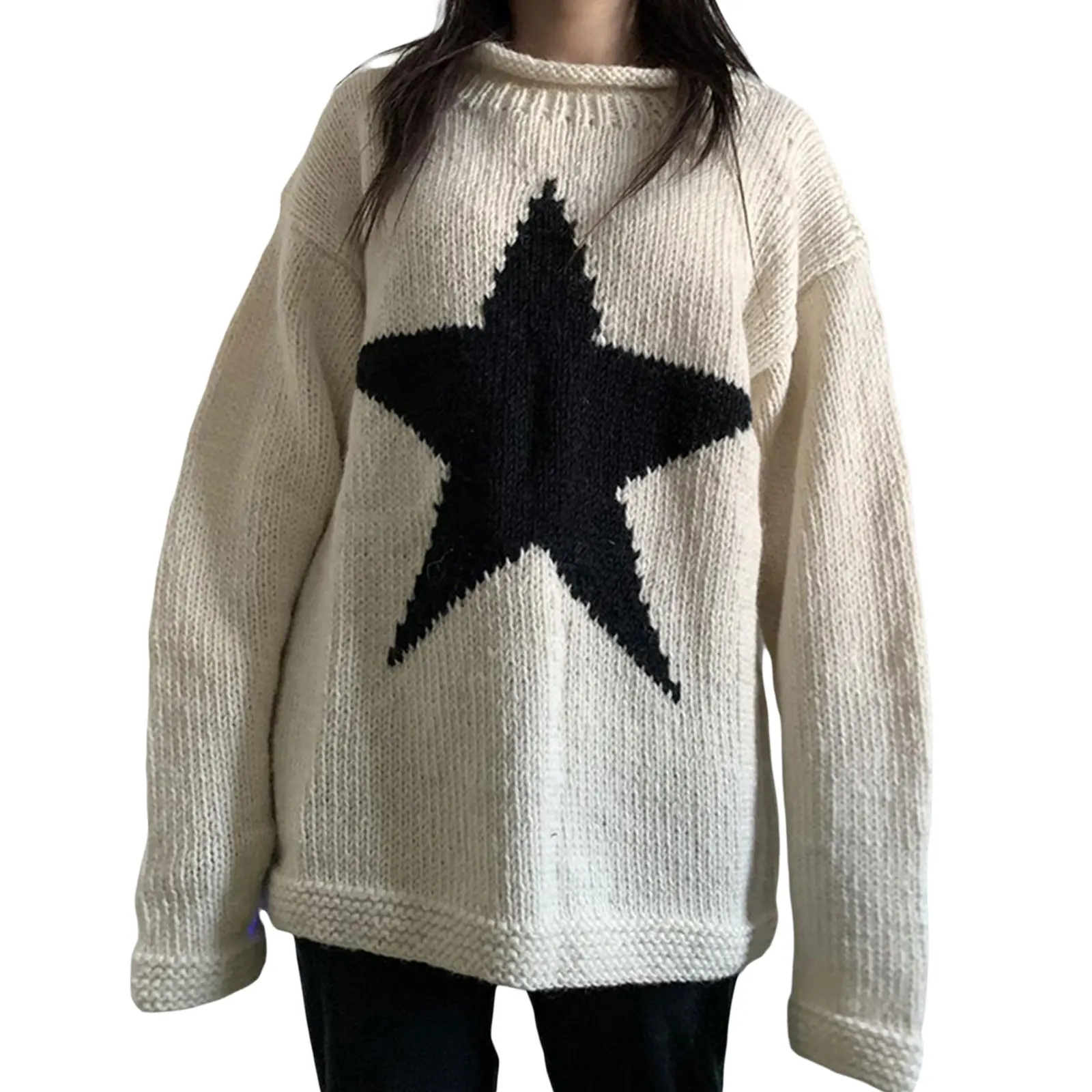 deanwangkt women loose knitted sweater Star Pattern Pullovers Ladies Round Collar Long Sleeve Knitwear Jumpers Y2k Clothes Streetwear - Deanwangkt