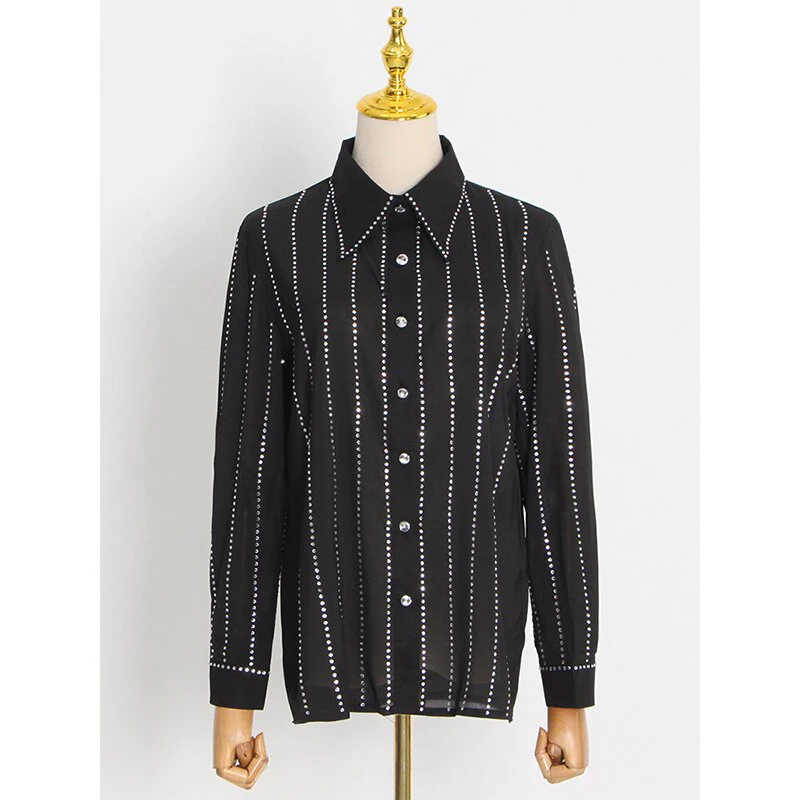 deanwangkt Casual Loose White Patchwork Diamonds Shirt For Women Lapel Long Sleeve Korean Fashion Blouses Females Autumn Style - Deanwangkt