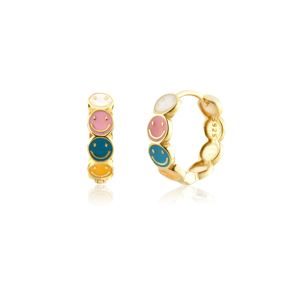 DEANWANGKT Sterling Silver Gold White Pink Enamel Smile Drop Earring Black Clips Pendiente Spring Summer Jewelry For Women Gift - Deanwangkt