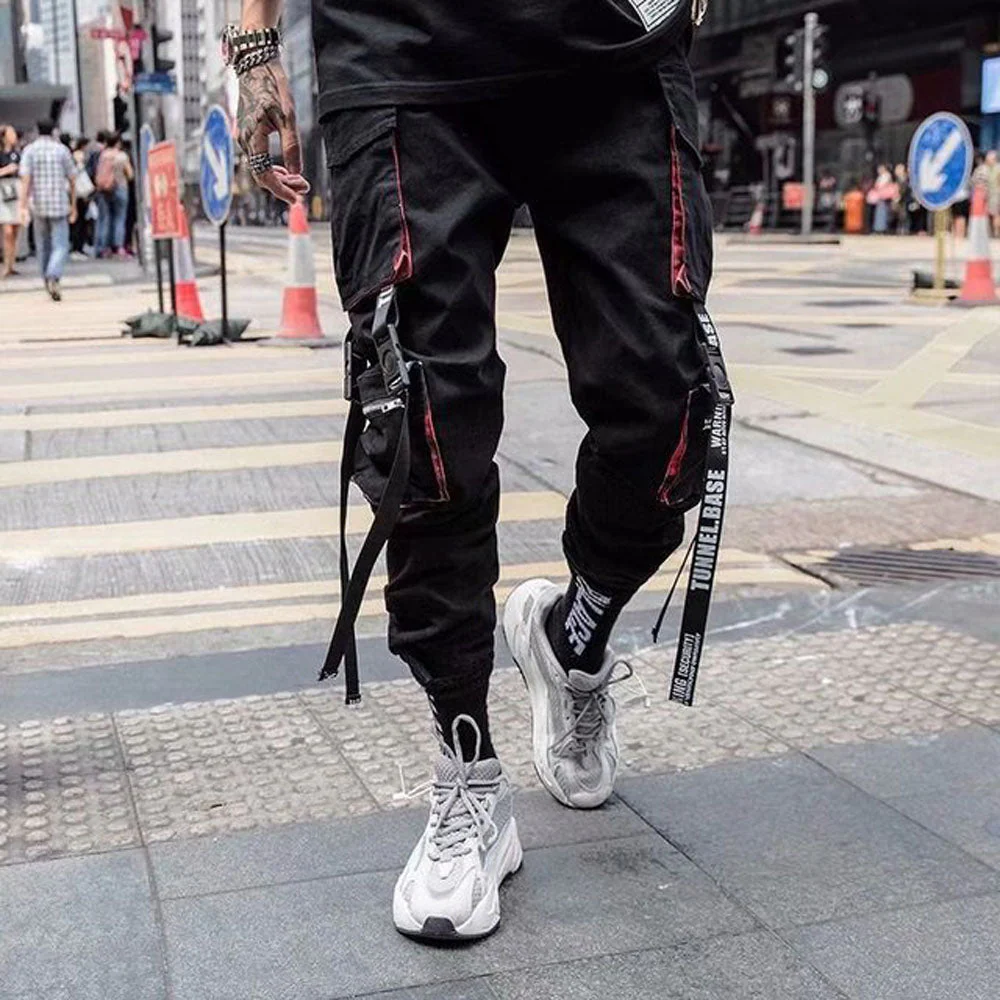 DEANWANGKT Mens Vintage Hip Hop Style Baggy Jeans Joggers Cargo Pants For Men Casual Hip Hop Hit Color Pocket Male Trousers Sweatpants Streetwear Ribbons Techwear Pants - Deanwangkt